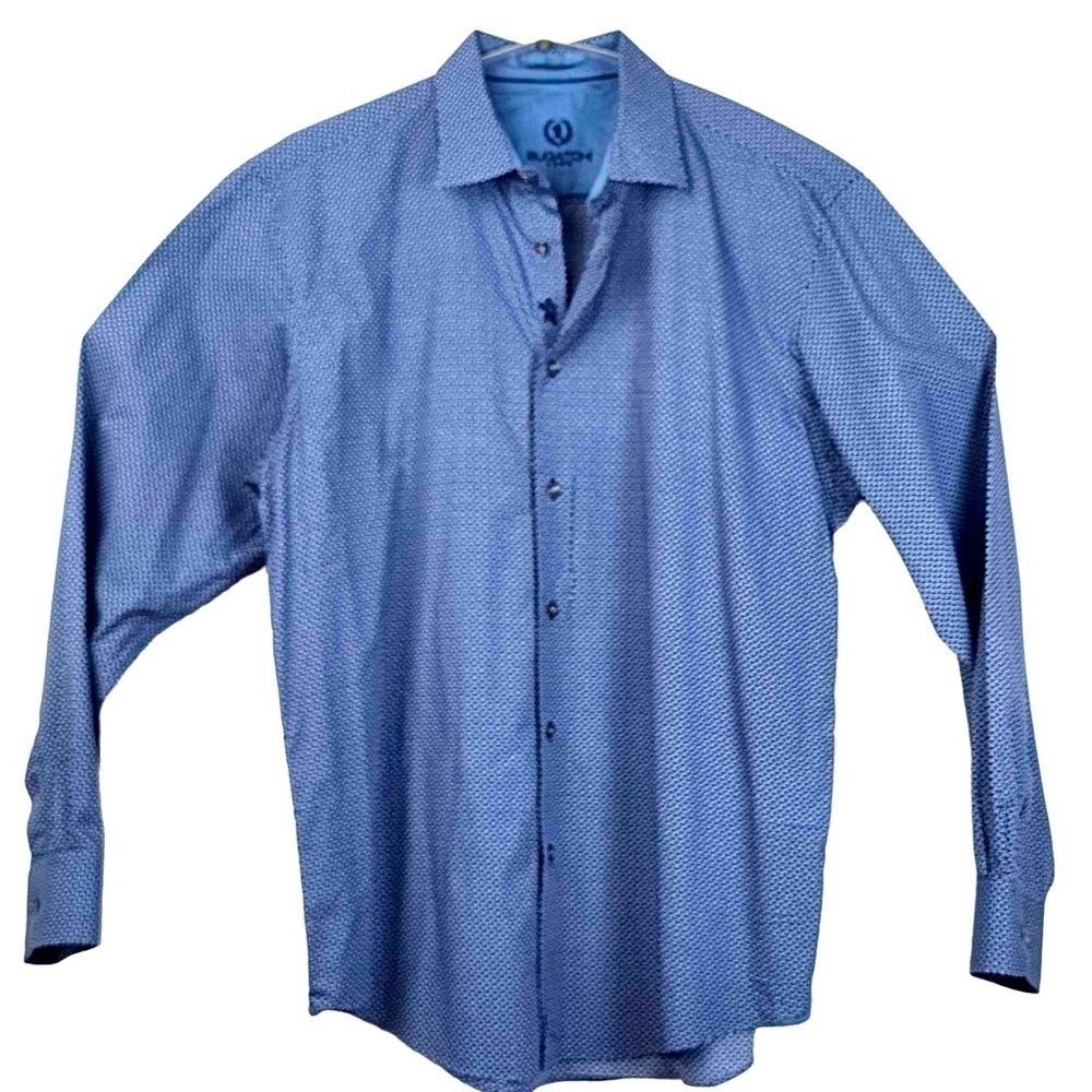 Bugatchi Uomo Mens Classic Fit Blue Geometric Medallion Print Cotton Shirt L
